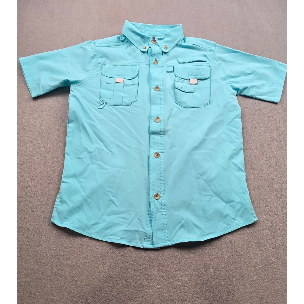 Rugged Earth Outfitters Kids Aqua Blue Short Sleeve Fishing Shirt Vented Size 20